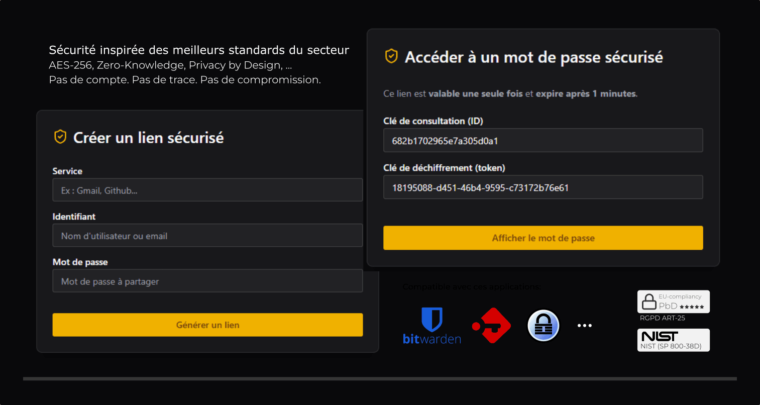 PassLink — Interface de partage (dark)